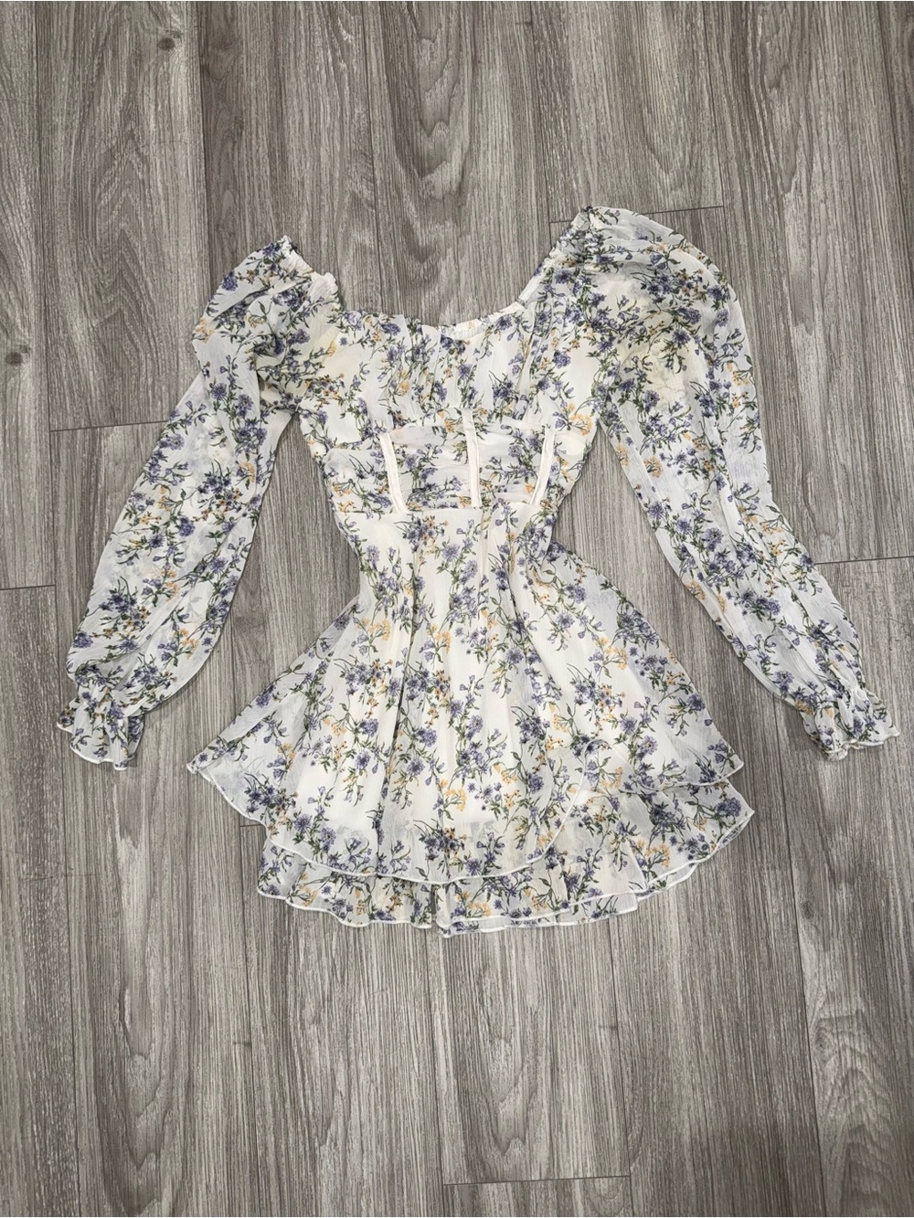 Smocked Floral Puff-Sleeve Mini Dress in White with Blue & Yellow Print